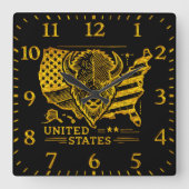 ゴールデンビソンイラストレーションと米国の地図と国旗 スクエア壁時計 (正面)