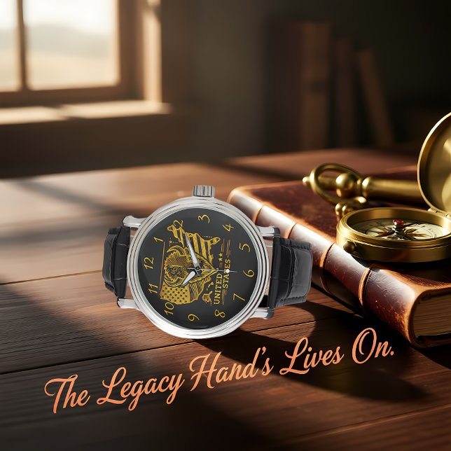 ゴールデンビソンイラストレーションと米国の地図と国旗 腕時計 (クリエイターアップロード済み)