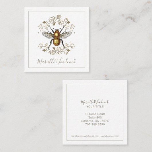 ゴールデンビーアンドバラフローラローレルホワイト スクエア名刺 (正面/裏面)