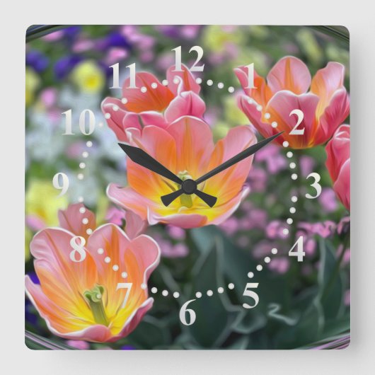 ゴールデンピンクのチューリップ スクエア壁時計 (正面)