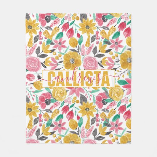 ゴールデンピンクの花離れ々水彩アートモノグラム フリースブランケット (正面)