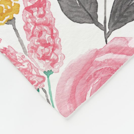 ゴールデンピンクの花離れ々水彩アートモノグラム フリースブランケット (角)