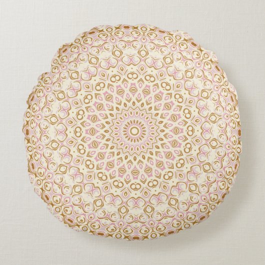 ゴールデンピンクマンダラ ラディアント ジオメトリック サンバースト ラウンドクッション (正面)