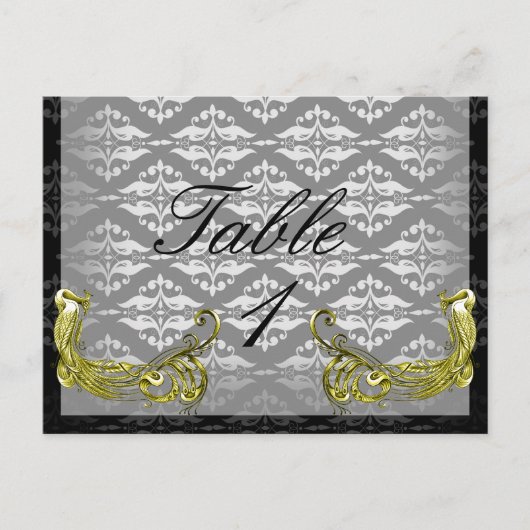 ゴールデンピーコックイラストレーションダマスクオンテーブル番号 ポストカード (正面)