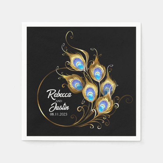 ゴールデンピーコックフェザーブラックボモダンホ スタンダードカクテルナプキン (正面)