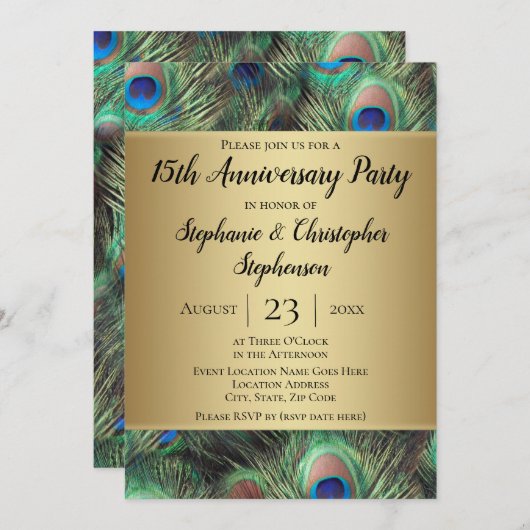 ゴールデンピーコックフェザー任意の年の記念日パーティー 招待状 (正面/裏面)