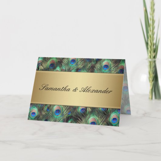 ゴールデンピーコックフェザー折り畳み結婚式招待状 招待状 (正面)