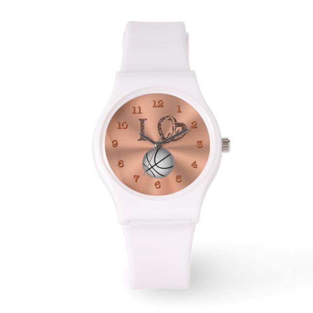 ゴールデンピーチアクセント付きホワイトバスケットボールの腕時計 腕時計 (正面)