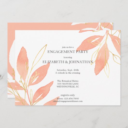 ゴールデンピーチウォーターカラーフローラ婚約パーティ 招待状 (正面/裏面)