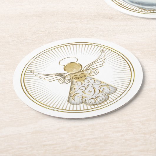 ゴールデンフィリグラスクリスマスエンジェル・オブ・グレース ラウンドペーパーコースター (アングル)