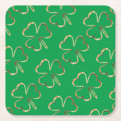 ゴールデンフェイククローバーグッドラックシャムロックグリーン スクエアペーパーコースター (正面)