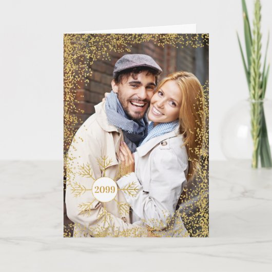 ゴールデンフェイクグリッターとスノーフレークのクリスマスフォト シーズンカード (正面)