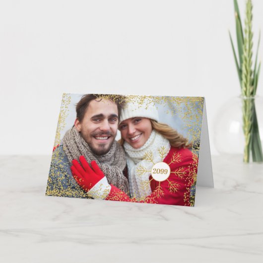 ゴールデンフェイクグリッタースノーフレーククリスマスフォトHORZ シーズンカード (正面)