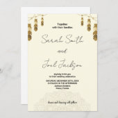 ゴールデンフェザーとアートベージュ結婚式招待状 招待状 (正面/裏面)