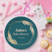ゴールデンフェザーズオンティール(緑がかった色)ベビーシャワー ペーパープレート (パーティー)