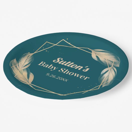 ゴールデンフェザーズオンティール（緑がかった色）ベビーシャワー ペーパープレート (アングル)