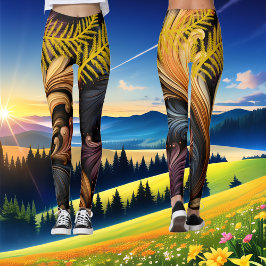 ゴールデンフェザー抽象芸術鮮やかアートダークパターン レギンス