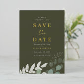 ゴールデンフォイルグリーンリーフオリーブ結婚式の日付を保存 箔招待状 (立ち正面)