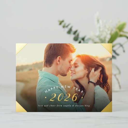 ゴールデンフォトオーバーレイハッピーニューイヤー 箔シーズンカード (立ち正面)