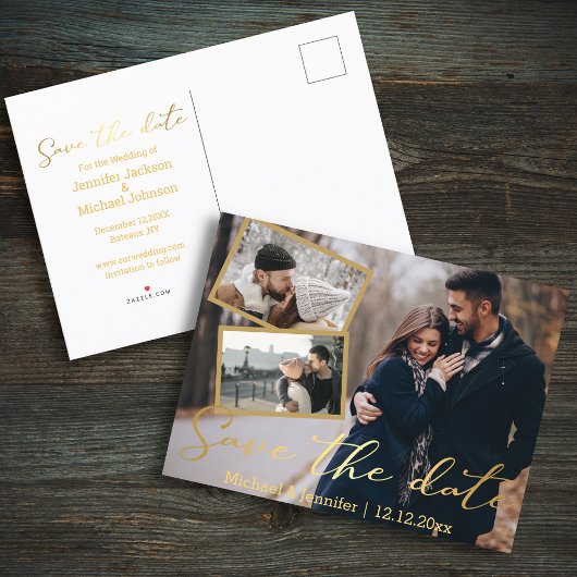 ゴールデンフォト結婚コラージュの日付を保存する 案内ポストカード