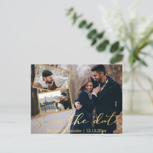 ゴールデンフォト結婚コラージュの日付を保存する 案内ポストカード (スタンド正面)
