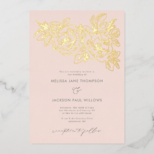 ゴールデンフラワーコーナーエレガントなウェディングデザイン赤面 箔招待状 (正面)