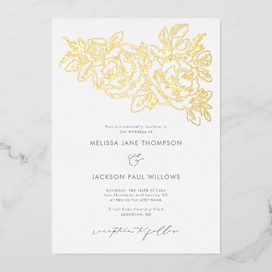 ゴールデンフラワーコーナーエレガントな結婚式デザイン 箔招待状 (正面)