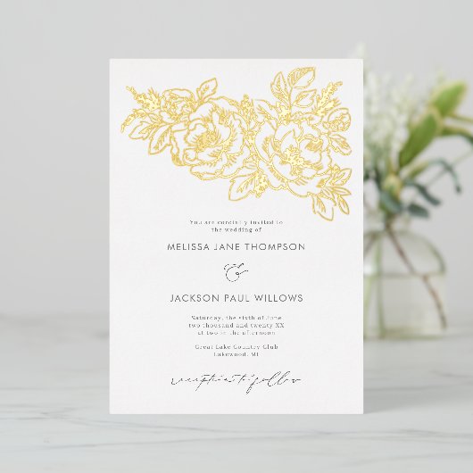 ゴールデンフラワーコーナーエレガントな結婚式デザイン 箔招待状 (立ち正面)