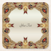 ゴールデンフラワーズレッドジェムストーン紙コースター スクエアペーパーコースター (正面)