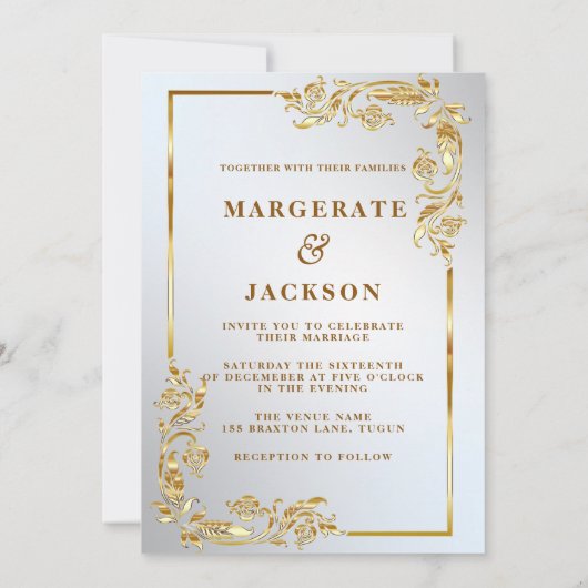 ゴールデンフラワーリースフレームエレガントなウェディングデザイン 招待状 (裏面)