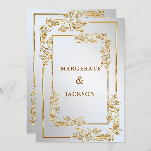 ゴールデンフラワーリースフレームエレガントなウェディングデザイン 招待状 (正面/裏面)