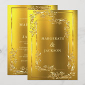 ゴールデンフラワーリースフレームエレガントなウェディングデザイン 招待状 (正面/裏面)