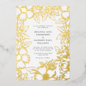 ゴールデンフラワーリースフレームエレガントなウェディングデザイン 箔招待状 (正面)