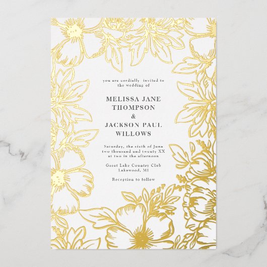 ゴールデンフラワーリースフレームエレガントなウェディングデザイン 箔招待状 (正面)