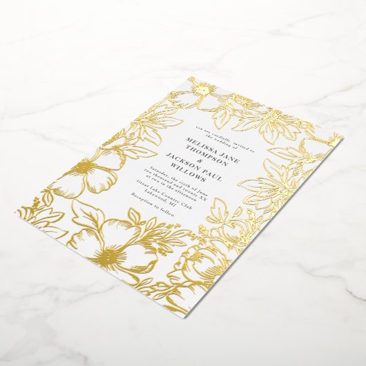 ゴールデンフラワーリースフレームエレガントなウェディングデザイン 箔招待状 (回転した状態)
