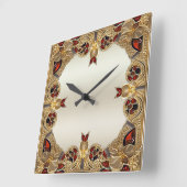 ゴールデンフラワーレッドジェムストーンウォールクロック スクエア壁時計 (傾斜)