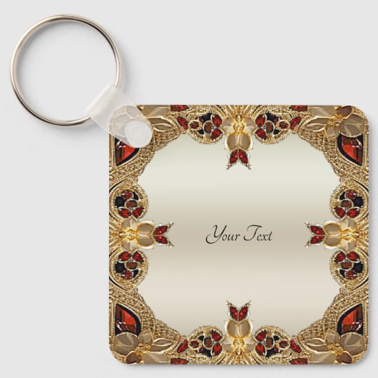ゴールデンフラワーレッドジェムストーンキーチェーン キーホルダー (正面)