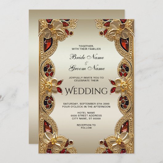 ゴールデンフラワーレッドジェムストーンスプレンダー結婚ズ 招待状 (正面/裏面)