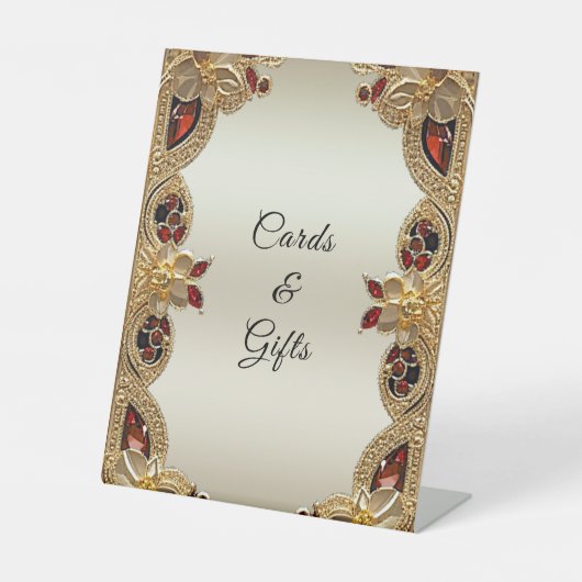 ゴールデンフラワーレッドジェムストーンテーブルトップシンボルや象徴 台座サイン (正面)