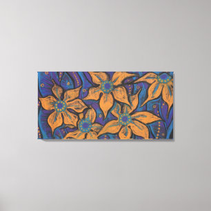 ゴールデンフラワー、抽象芸術フローラアート、紫オレンジ キャンバスプリント