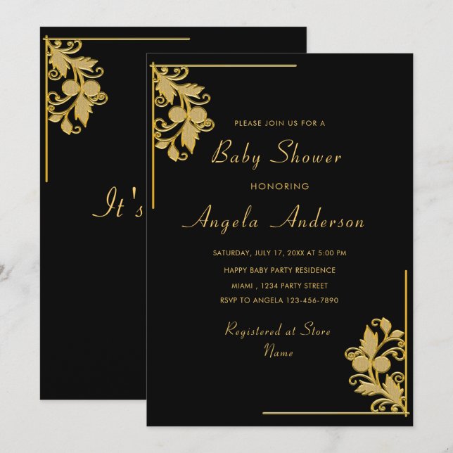 ゴールデンフラールフレーム男の赤ちゃんシャワー招待状 (正面/裏面)