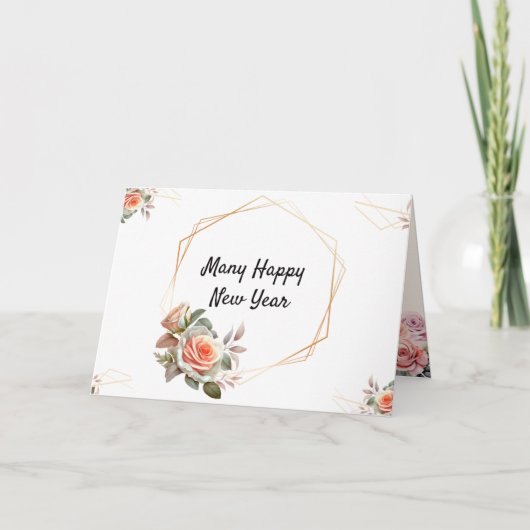 ゴールデンフレームエレガント、フローラ折り畳み年賀状 サンキューカード (正面)