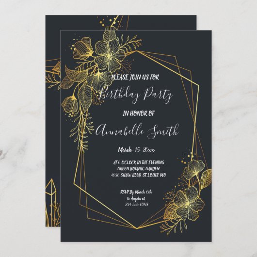ゴールデンフレームネイビーバックバースデーパーティー 招待状 (正面/裏面)