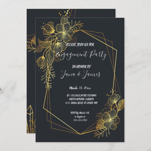 ゴールデンフレームネイビーバック婚約 招待状 (正面/裏面)