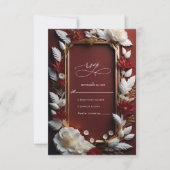 ゴールデンフレーム付きシックなブルゴーニュ結婚花模様 出欠カード (正面)