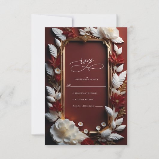 ゴールデンフレーム付きシックなブルゴーニュ結婚花模様 出欠カード (正面)