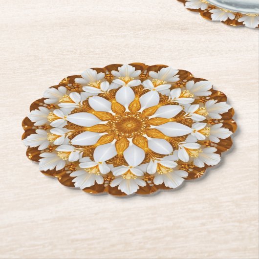 ゴールデンフローラスノーフレーク万華鏡のように千変万化するパターン ペーパーコースター (アングル)