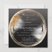 ゴールデンフローラバブル誕生日ブラックグラデーション 招待状 (正面)