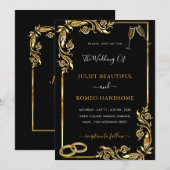 ゴールデンフローラルフレーム ブラックゴールドの結婚式招待状 (正面/裏面)