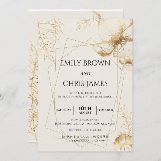 ゴールデンフローラ咲き モダン結婚式 招待状 (正面/裏面)